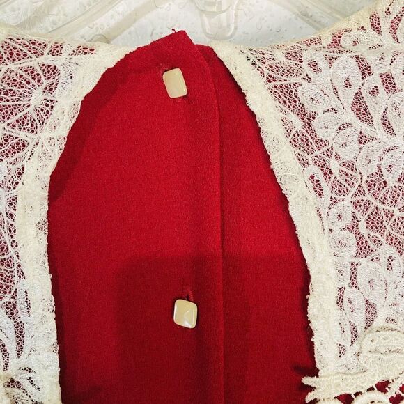 Vtg 80's Nilani Red Applique Lace Pleated Tea Dress Pearls Fancy‎ Party sz 11/12 - Picture 11 of 16